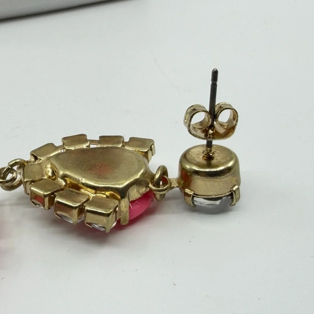 Earrings Neon Pink Black Rhinestone Teardrop Dangle Gold Tone Bold Statement
